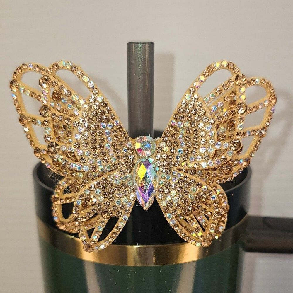 Gold Glitter Diamond Butterfly Tumbler Straw Charm Topper. Fits 10mm & Stanley